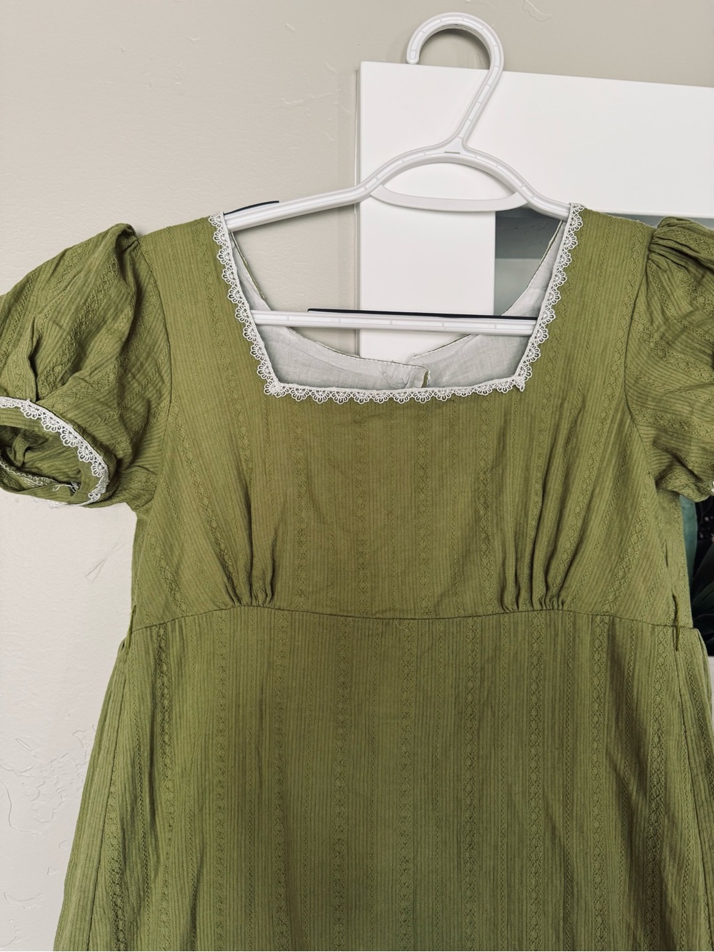 Hand Crafted Olive Green Square-Neck Puff Sleeve Dress with Liner XS